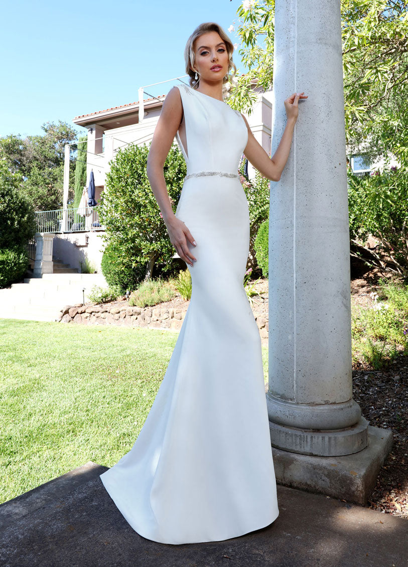 FINAL SALE: Bateau Neck Crepe Wedding Dress with Jeweled Belt