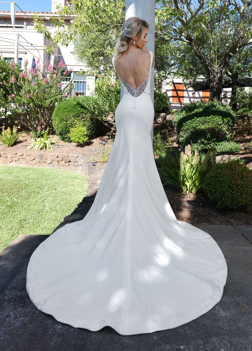 FINAL SALE: Bateau Neck Crepe Wedding Dress with Jeweled Belt