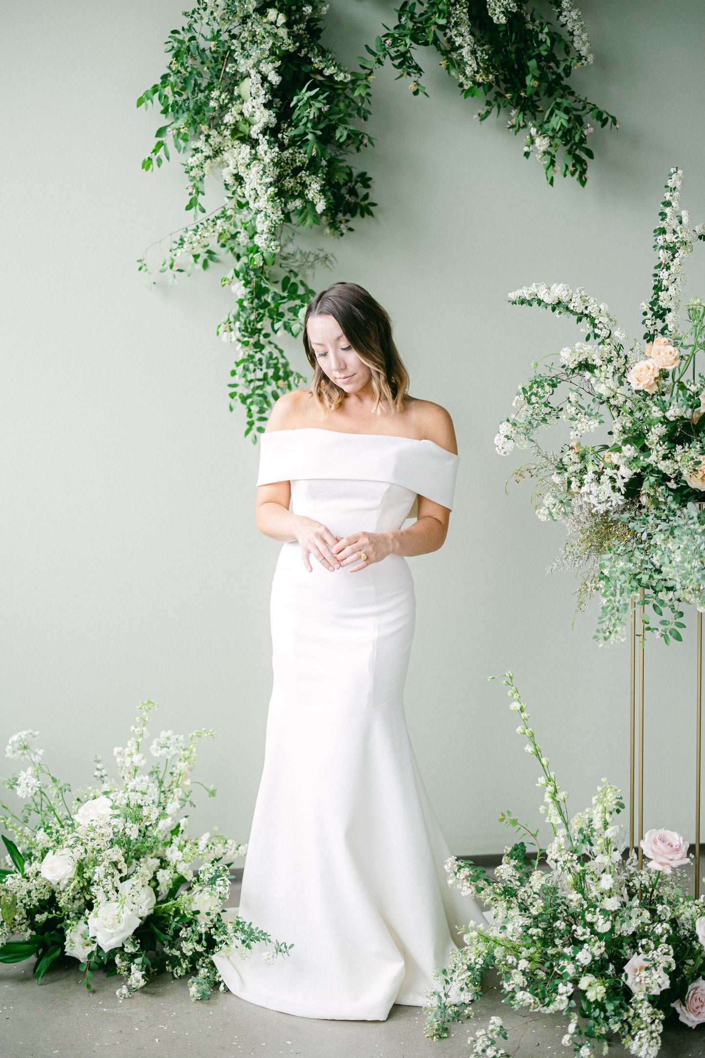 FINAL SALE: Simple Crepe Fitted Wedding Dress Off Shoulder
