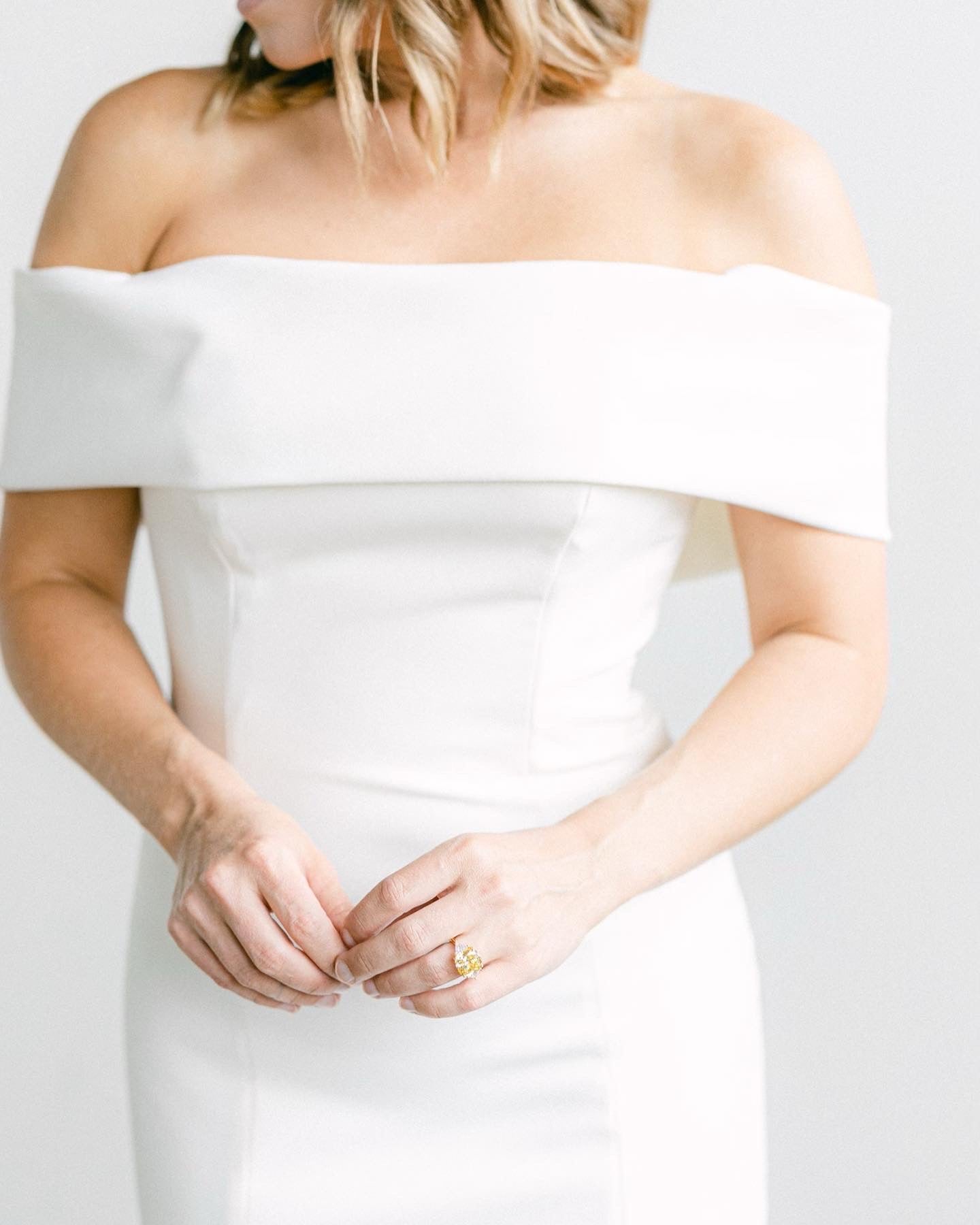 FINAL SALE: Simple Crepe Fitted Wedding Dress Off Shoulder