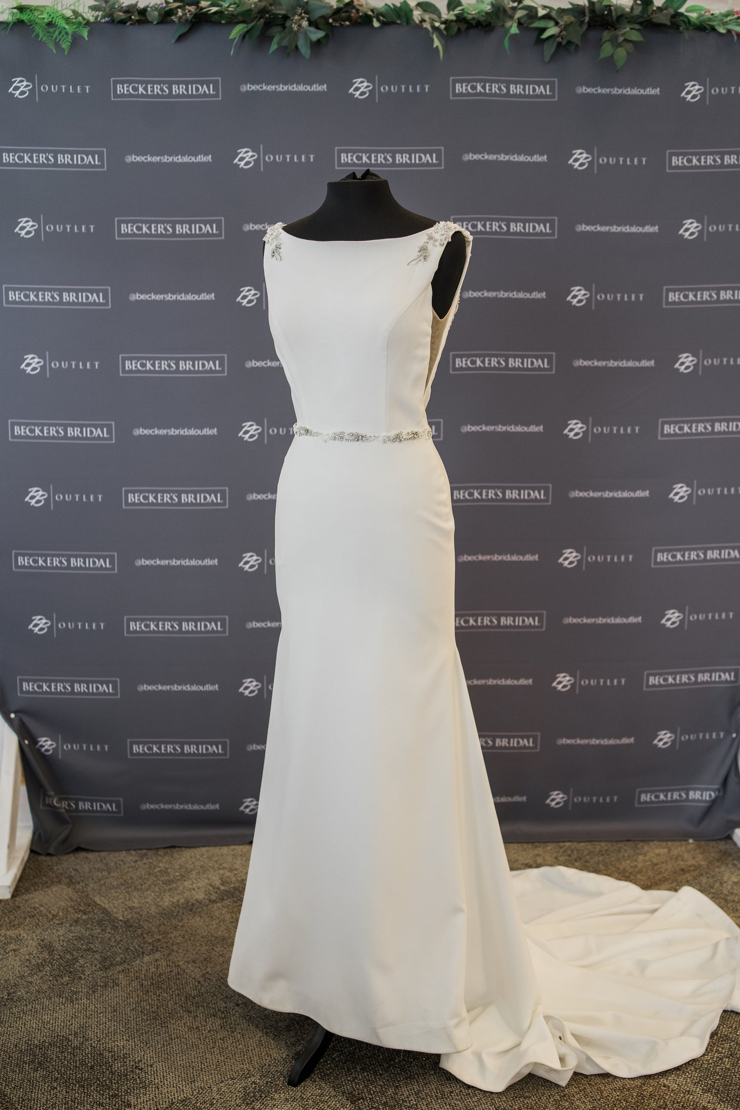 FINAL SALE: Bateau Neck Crepe Wedding Dress with Jeweled Belt
