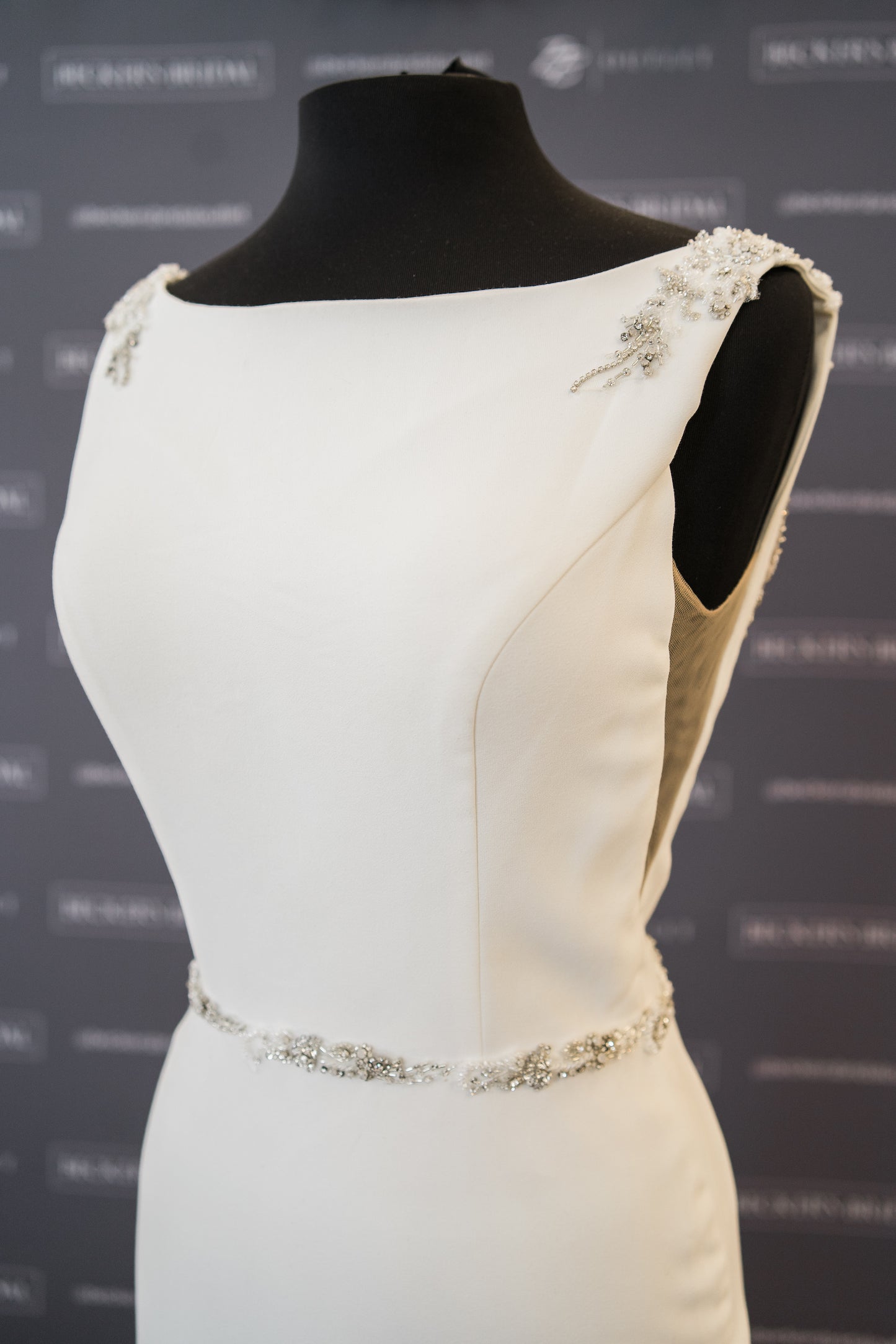 FINAL SALE: Bateau Neck Crepe Wedding Dress with Jeweled Belt